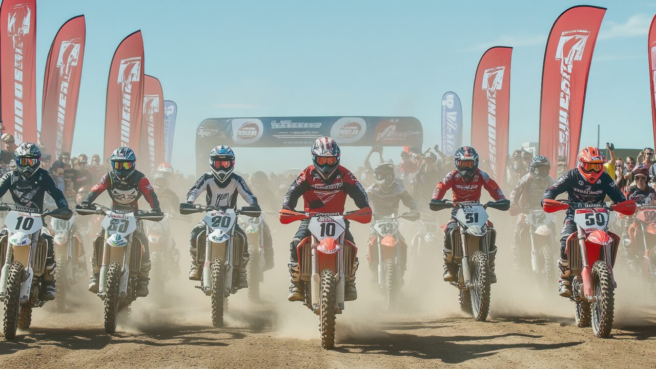 Pilotes de motocross alignés sur la grille de départ, concentrés avant l'ouverture de la grille