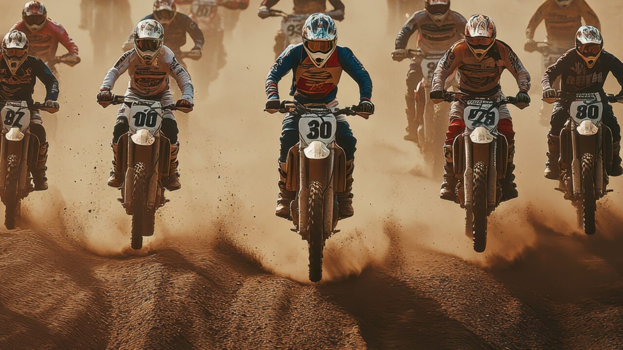 Pilotes de motocross côte à côte en pleine bataille de dépassement sur circuit