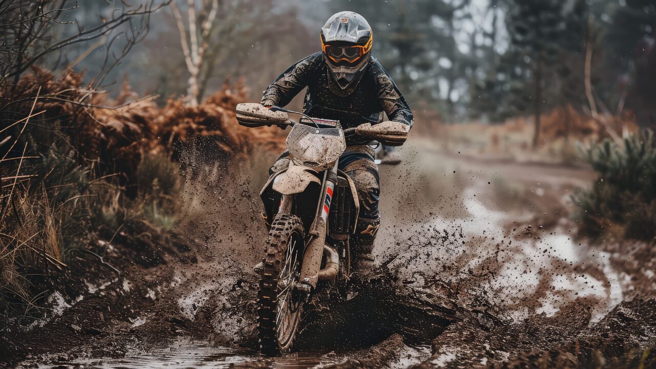 Pilote de motocross roulant dans la boue, éclaboussures de boue projetées par la roue