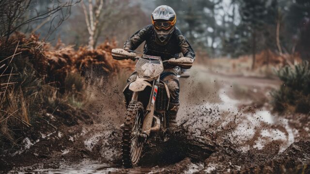 Pilote de motocross roulant dans la boue, éclaboussures de boue projetées par la roue