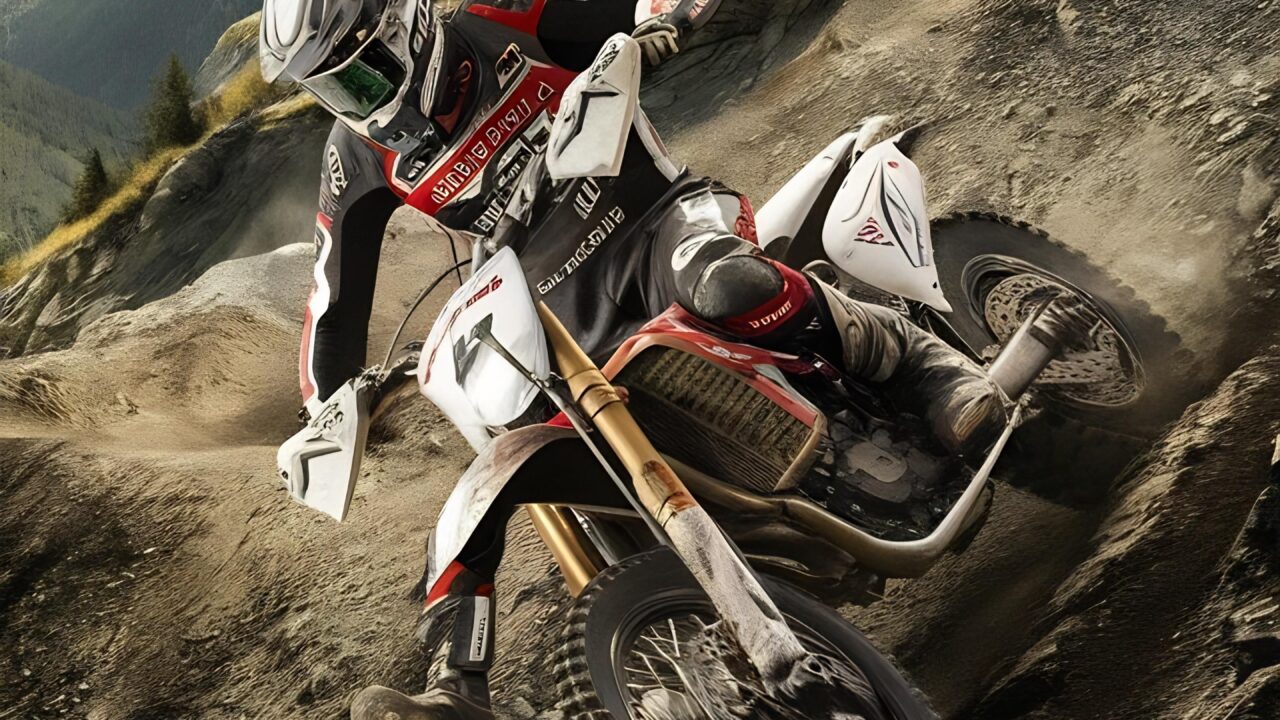 Pilote de motocross négociant une pente raide en montagne, position adaptée au dénivelé