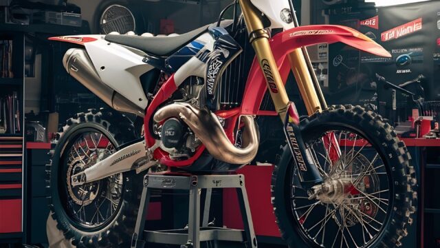 Moto de motocross rangée dans un garage après une sortie, prête pour l'entretien