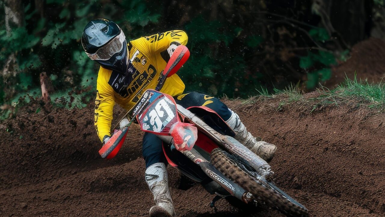 Pilote de motocross en pleine courbe, moto inclinée dans un virage relevé type berme