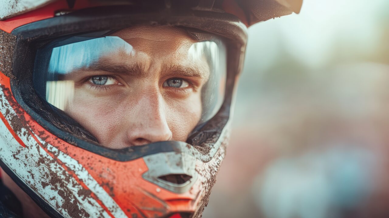 Regard concentré d'un pilote de motocross avant la course, casque éclaboussé de boue