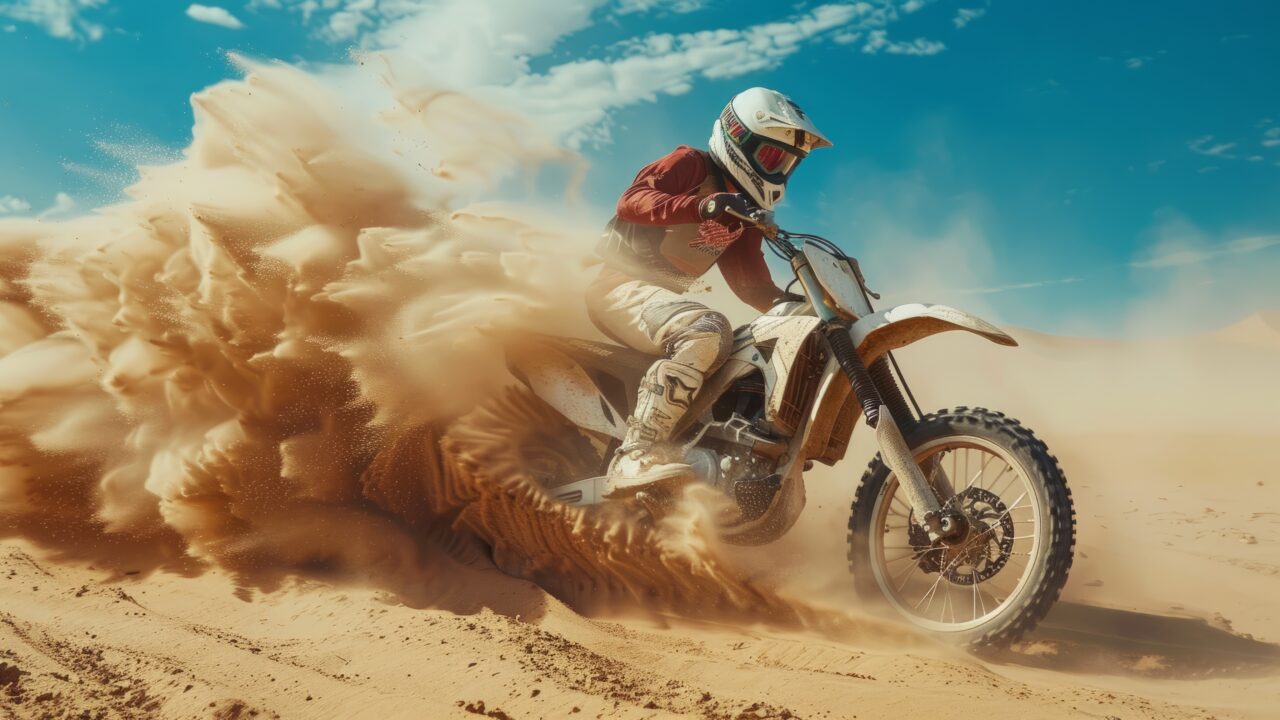 Pilote de motocross roulant dans le sable, roue arrière projetant du sable, terrain meuble