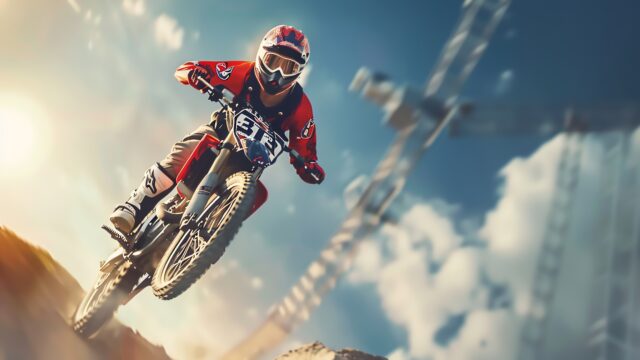 Pilote de motocross en plein saut, moto en l'air au-dessus d'une piste de terre