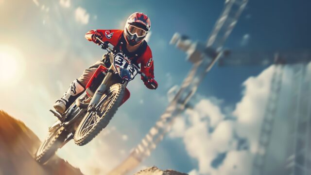 Pilote de motocross en plein saut, moto en l'air au-dessus d'une piste de terre