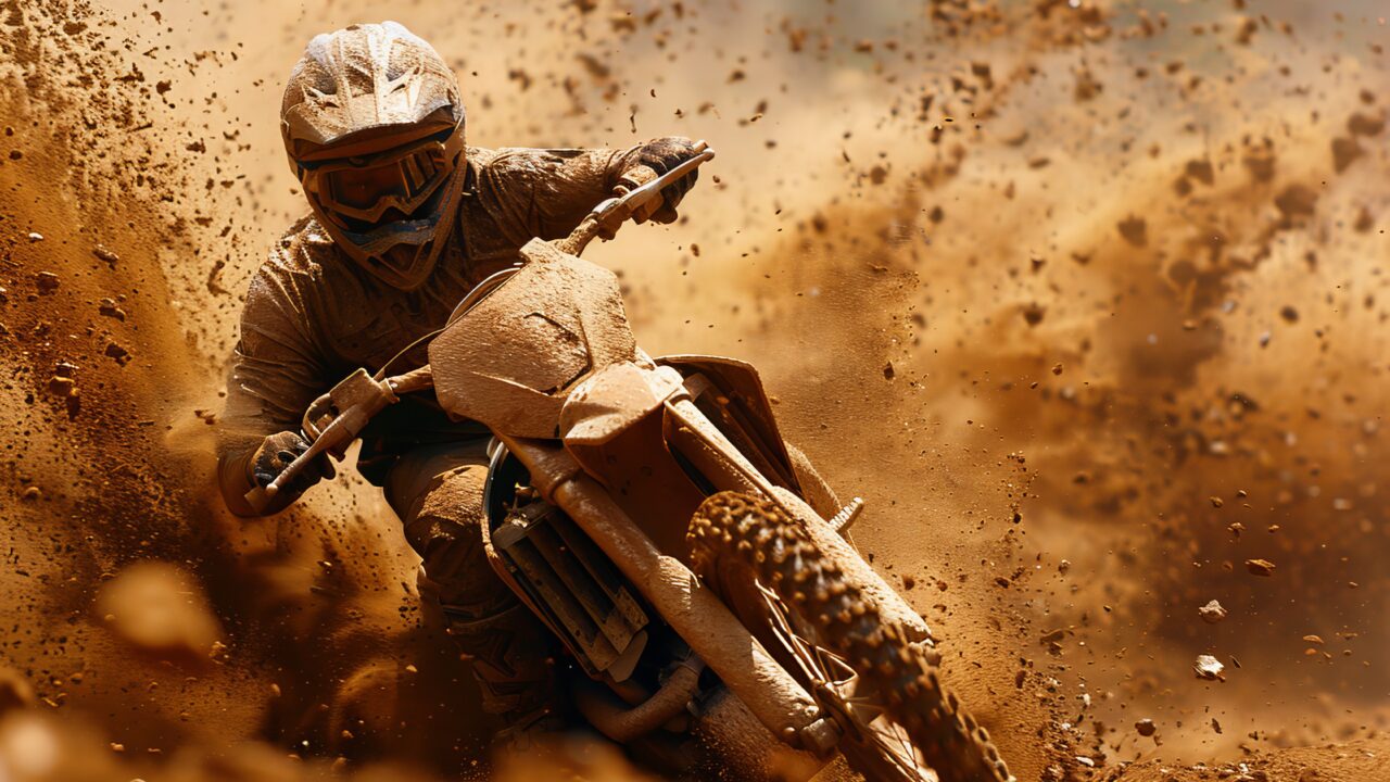 Moto de motocross en action sur terrain de terre, roue avant chargée en phase de freinage, poussière soulevée