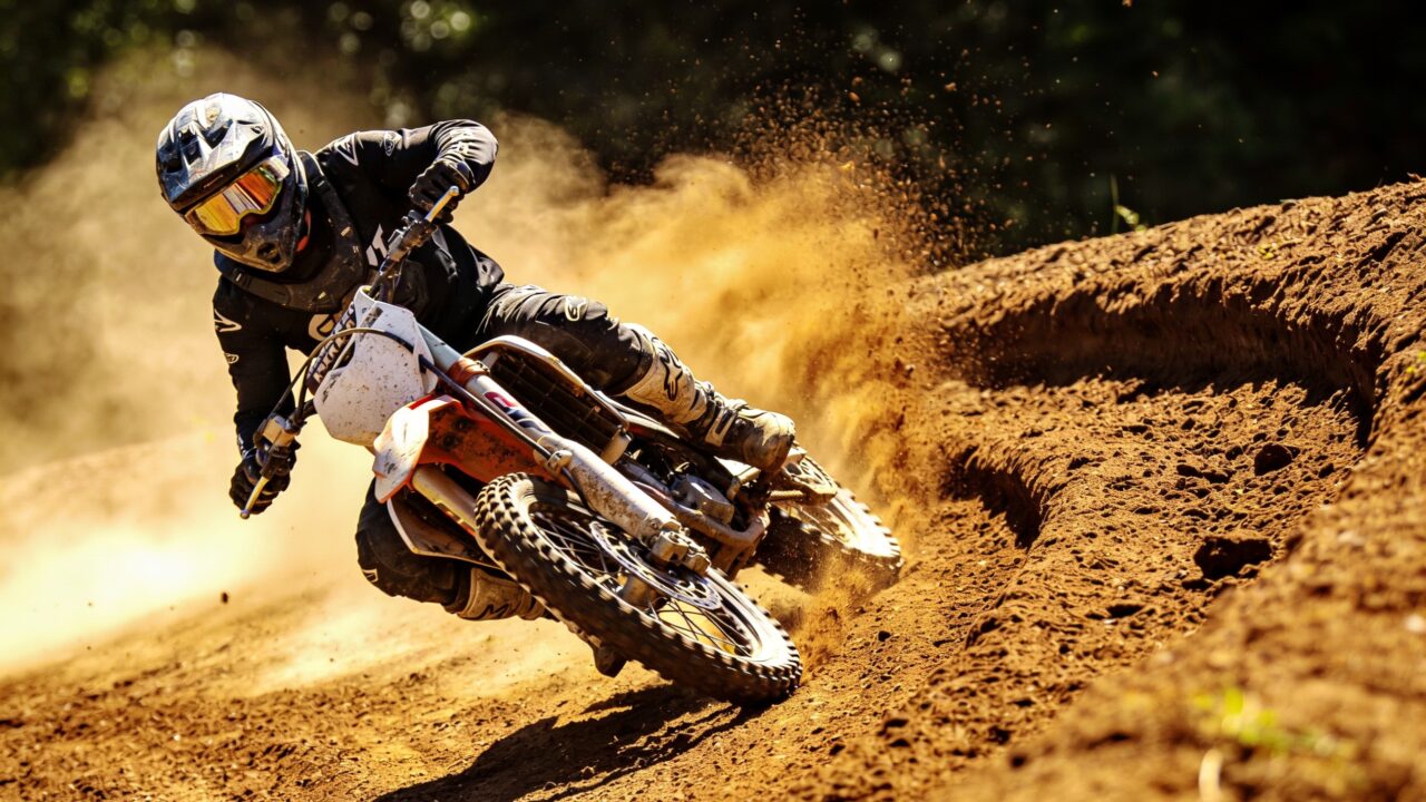 Pilote de motocross suivant une ornière profonde en virage, roue avant guidée par le sillon creusé dans la terre