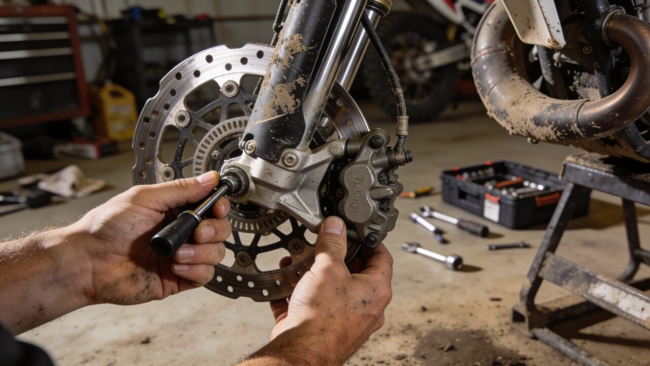 Contrôle de l'étrier et du disque de frein d'une moto de motocross