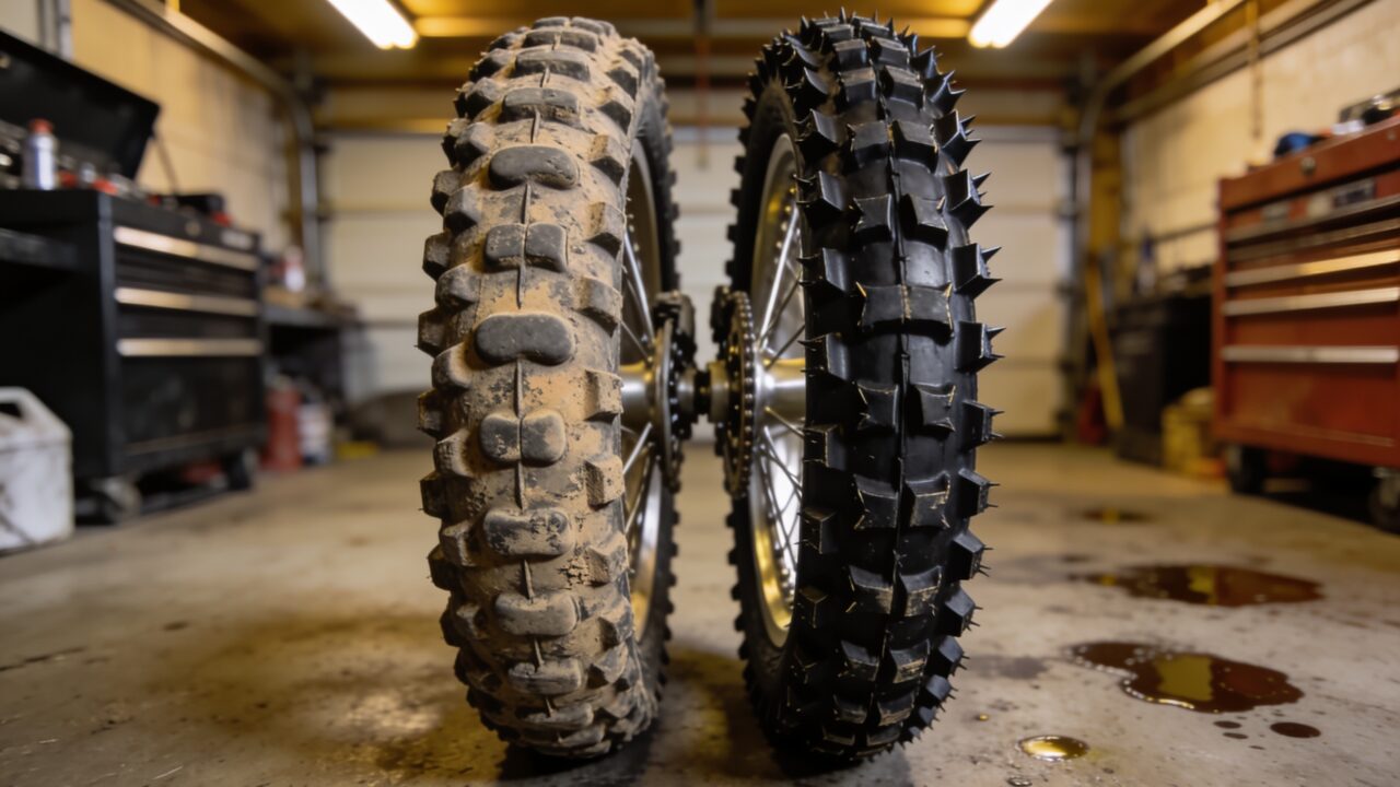 Comparaison entre un pneu de motocross usé et un pneu neuf à crampons