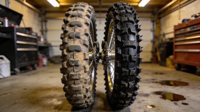 Comparaison entre un pneu de motocross usé et un pneu neuf à crampons