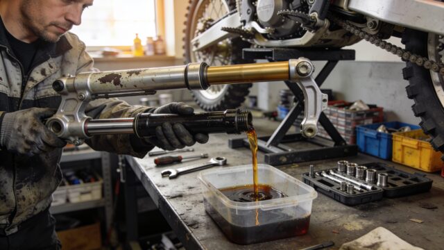 Démontage et vidange d'huile de la fourche d'une moto de motocross