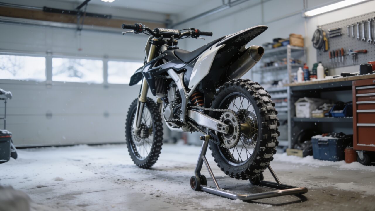 Moto de motocross stockée sur un stand d'atelier, roues levées, pour l'hivernage
