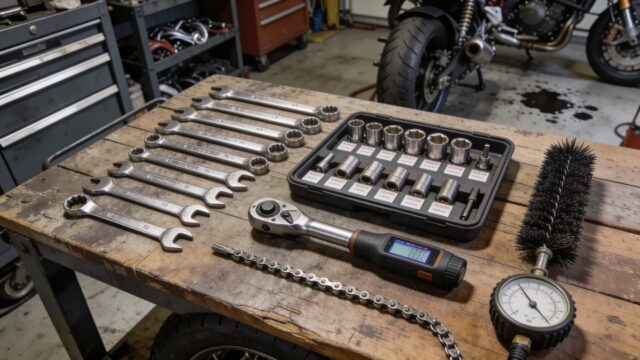 Kit d'outillage de base pour l'entretien d'une moto de motocross posé sur un établi
