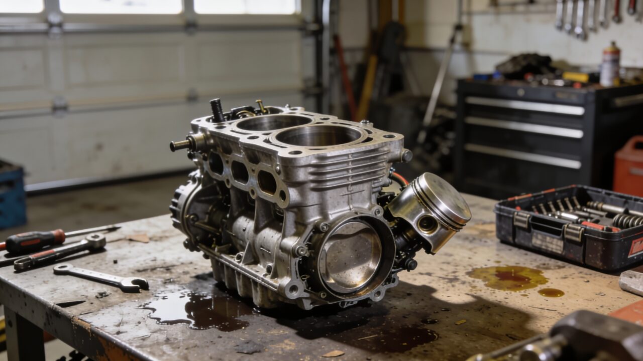 Cylindre et piston d'un moteur 2 temps de moto de motocross démonté sur un établi