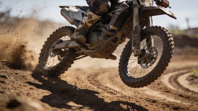 Pilote de motocross à l'atterrissage d'un saut, suspension compressée, poussière soulevée à l'impact