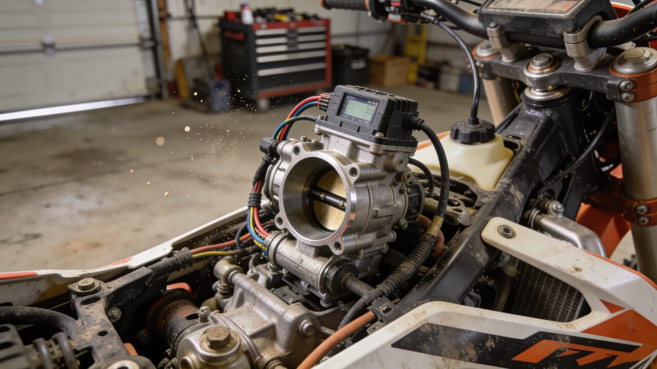 Corps d'injection et câblage électronique sur une moto de motocross moderne