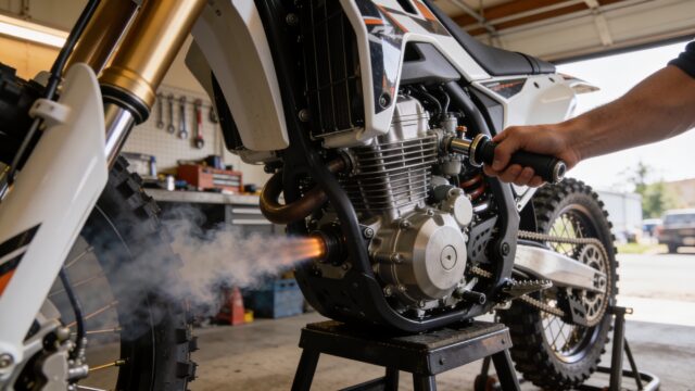 Moto de motocross neuve sur béquille d'atelier, moteur qui tourne pendant le rodage