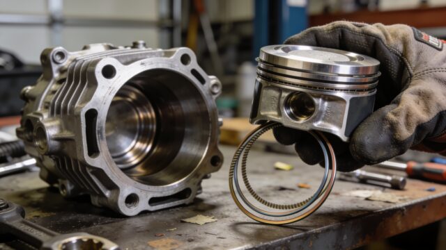 Piston neuf avec segments tenu en main à côté d'un cylindre de moto de motocross ouvert