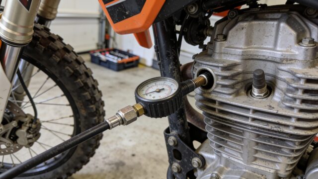 Compressiomètre vissé sur un moteur de moto de motocross pour un contrôle de compression