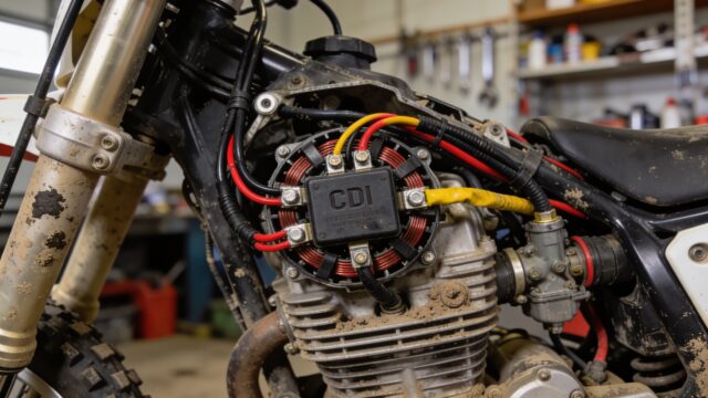 Boîtier CDI et câblage du stator sur une moto de motocross