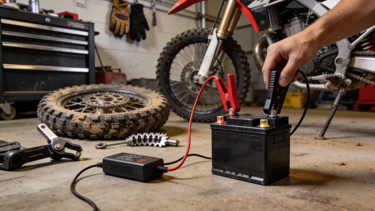 Batterie de moto de motocross connectée à un chargeur de maintien