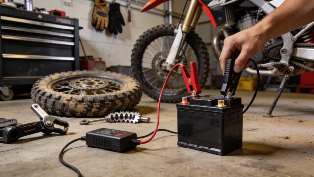 Batterie de moto de motocross connectée à un chargeur de maintien