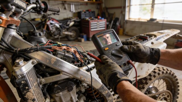 Multimètre utilisé pour tester le câblage électrique d'une moto de motocross