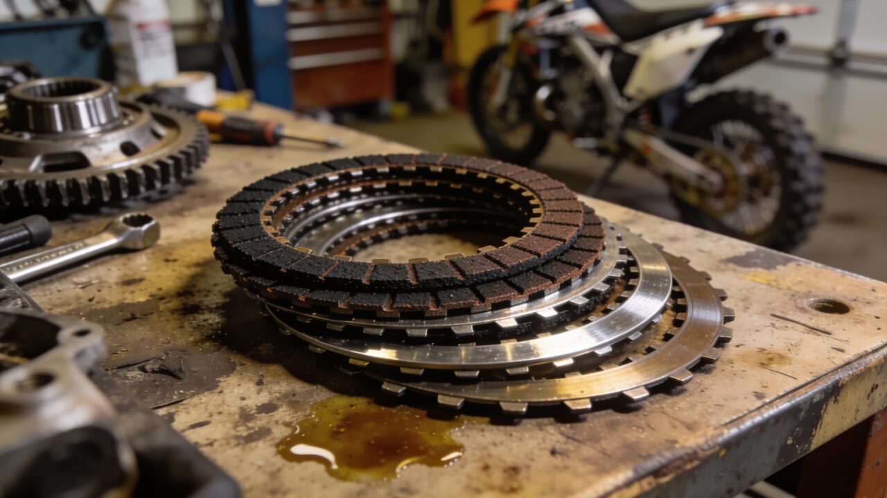 Disques d'embrayage démontés d'une moto de motocross posés sur un établi