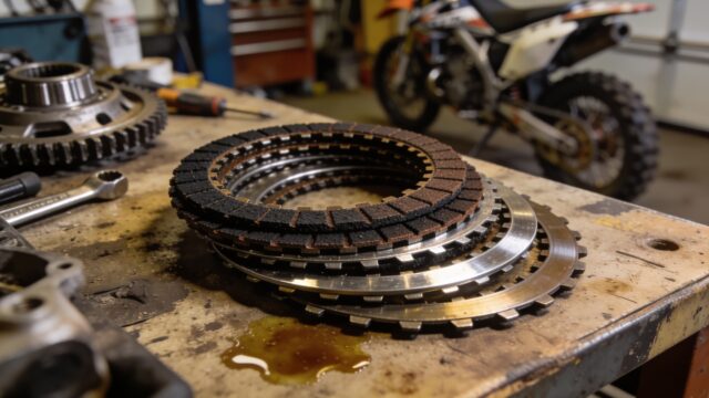 Disques d'embrayage démontés d'une moto de motocross posés sur un établi