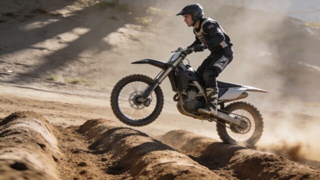 Pilote de motocross skimmant sur une série de whoops, moto à plat au-dessus des bosses, poussière derrière