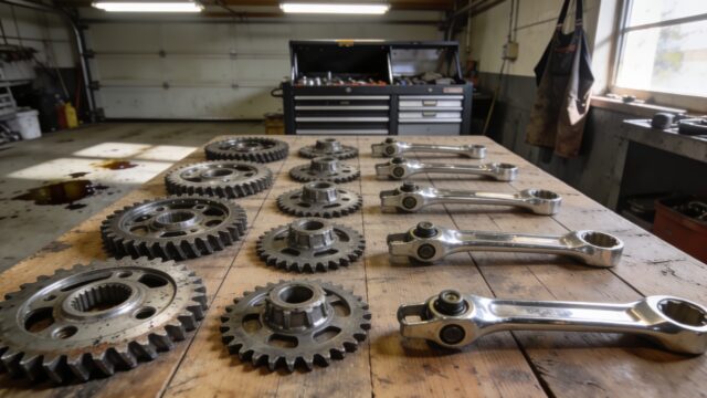 Engrenages et fourchettes de boîte de vitesses d'une moto de motocross démontés