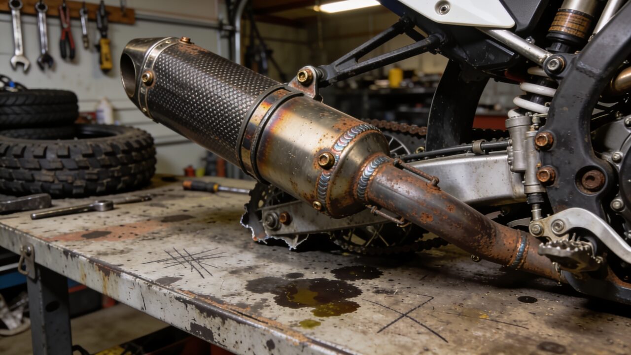 Échappement et silencieux démontés d'une moto de motocross posés sur un établi