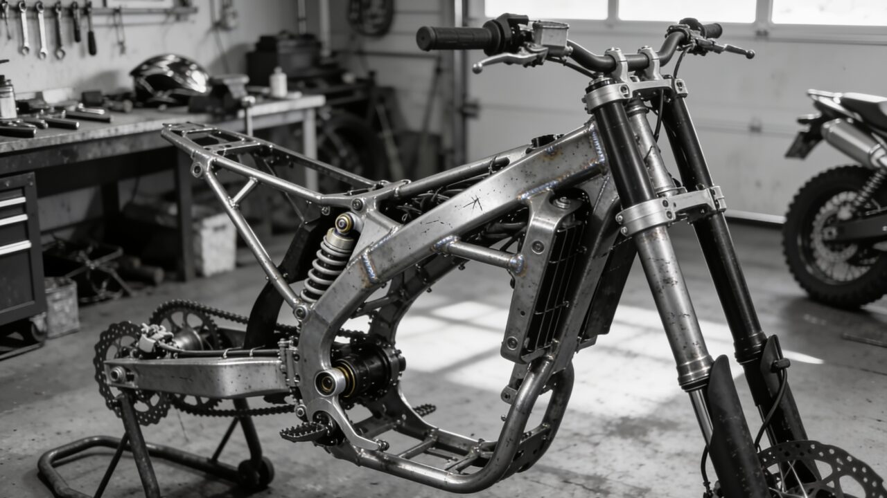 Cadre métallique et partie cycle d'une moto de motocross sans carrosserie
