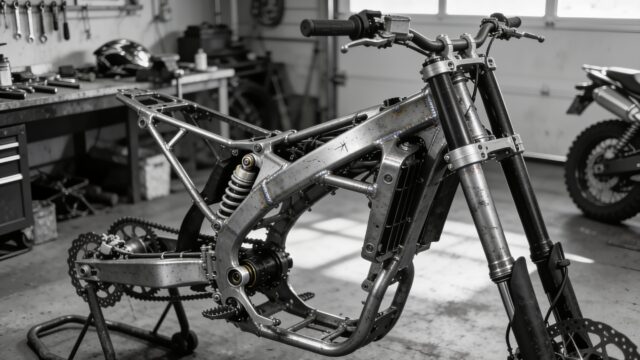 Cadre métallique et partie cycle d'une moto de motocross sans carrosserie