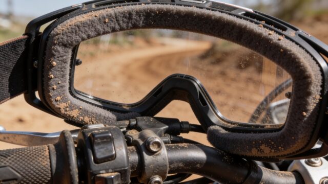 Masque de motocross avec écran large posé sur le guidon d'une moto