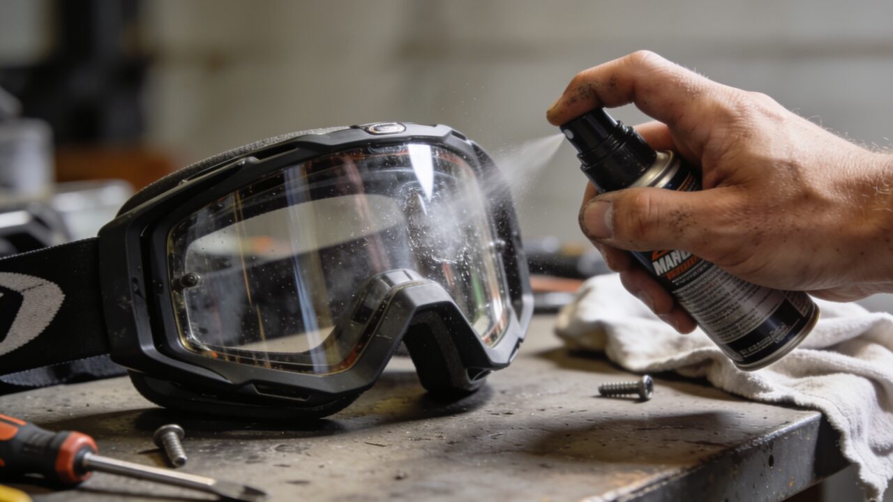 Application d'un spray anti-buée sur l'écran d'un masque de motocross