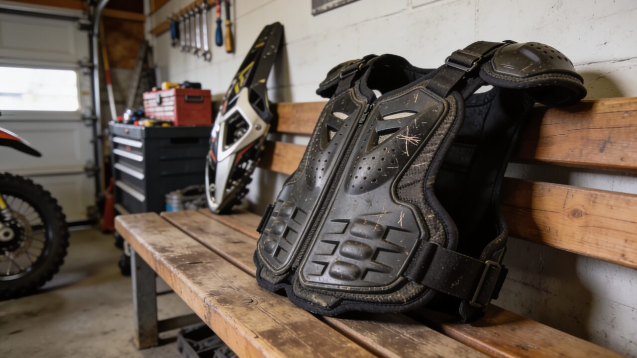 Plastron de protection motocross avec coques rigides posé sur un établi