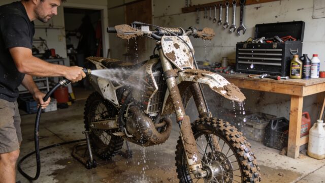 Nettoyage d'une moto de motocross couverte de boue au tuyau d'arrosage dans un garage