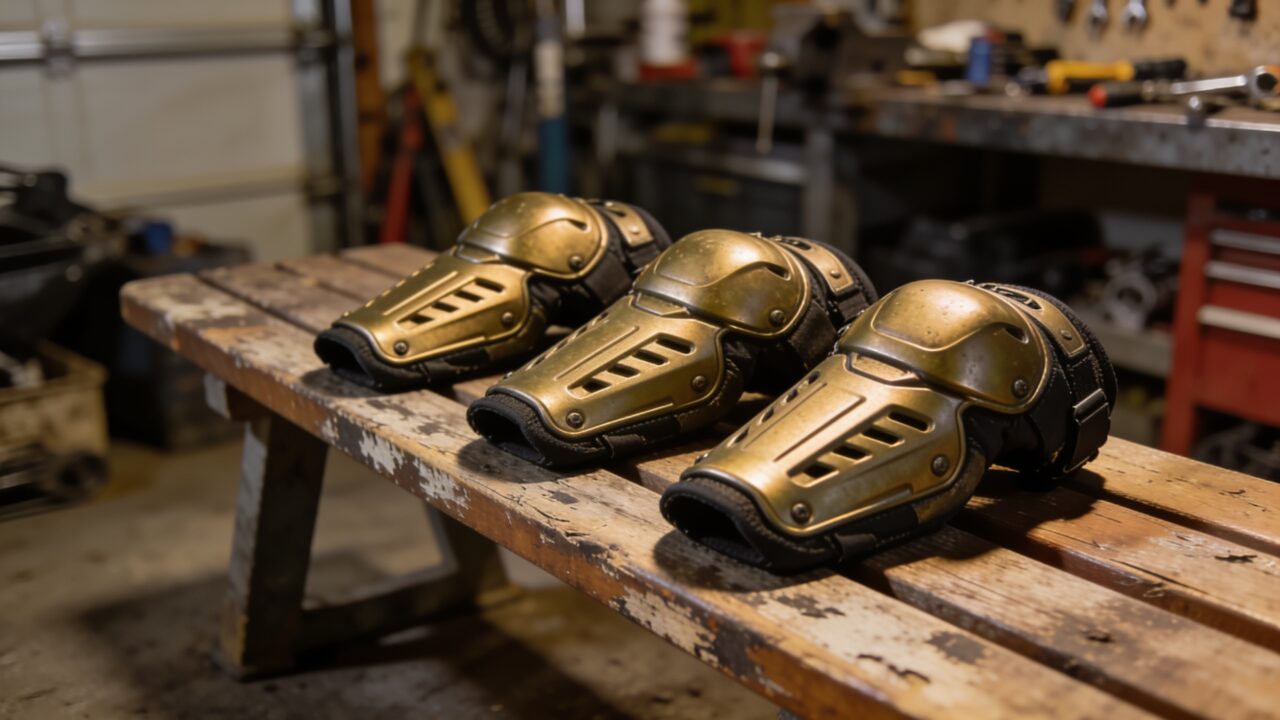 Coudières de protection de motocross avec coque rigide posées sur un établi