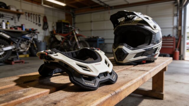 Minerve de protection cervicale de motocross posée à côté d'un casque