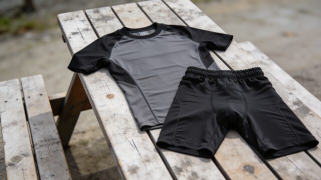 Sous-vêtements techniques de compression pour motocross posés sur un établi