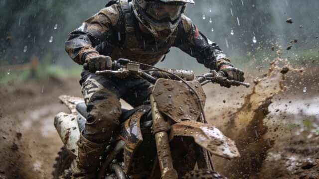 Pilote de motocross roulant sous la pluie et dans la boue en conditions humides