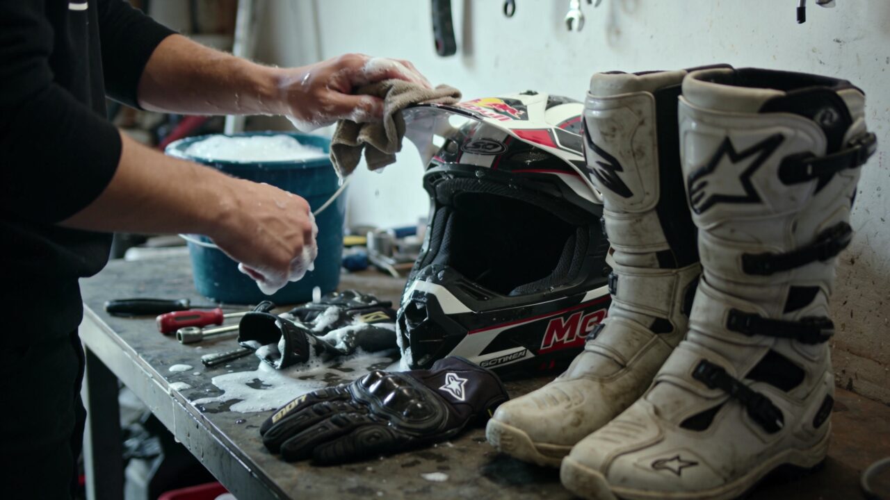 Nettoyage d'un casque et de gants de motocross avec un chiffon et de l'eau savonneuse
