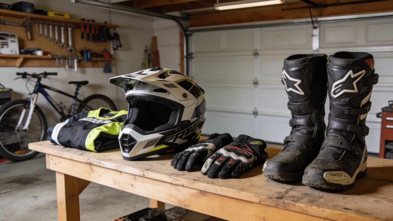 Équipement motocross générique (casque, bottes, gants) pour un budget serré
