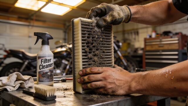 Nettoyage d'un filtre à air en mousse de moto de motocross couvert de poussière