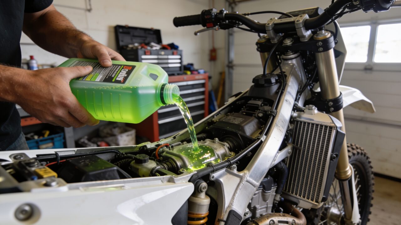 Main versant du liquide de refroidissement vert dans le radiateur d'une moto de motocross