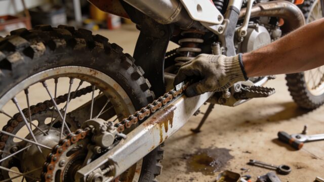 Main mesurant le débattement de la chaîne d'une moto de motocross
