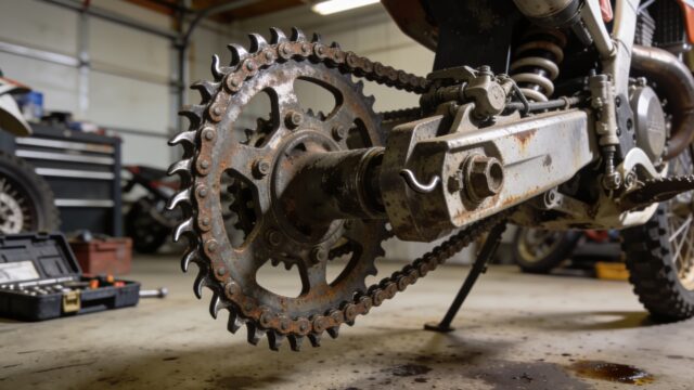 Pignon et chaîne usés d'une moto de motocross montrant des dents en crochet